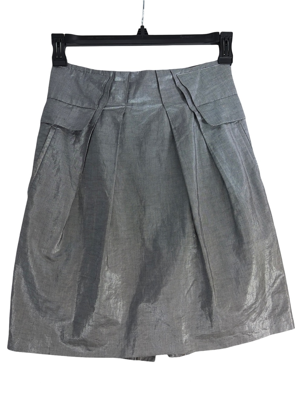Gunex Linen Blend Metallic Gray Pleated A-Line Skirt